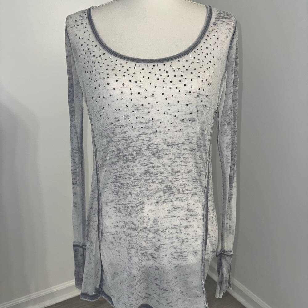 Maurices Grey Burnout Rhinestone Long Sleeve Tunic Top Women’s M Mcbling